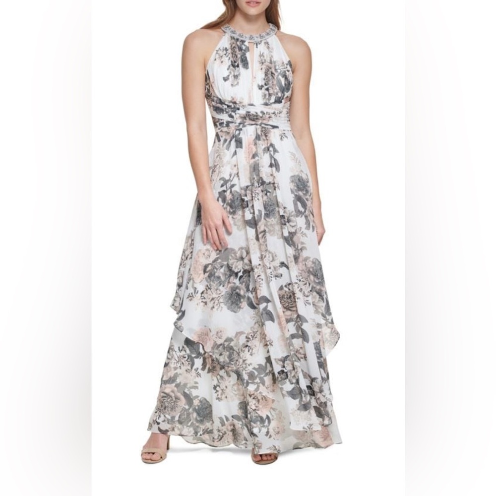Eliza J Floral Halter Maxi Dress in White, Blush, Gray